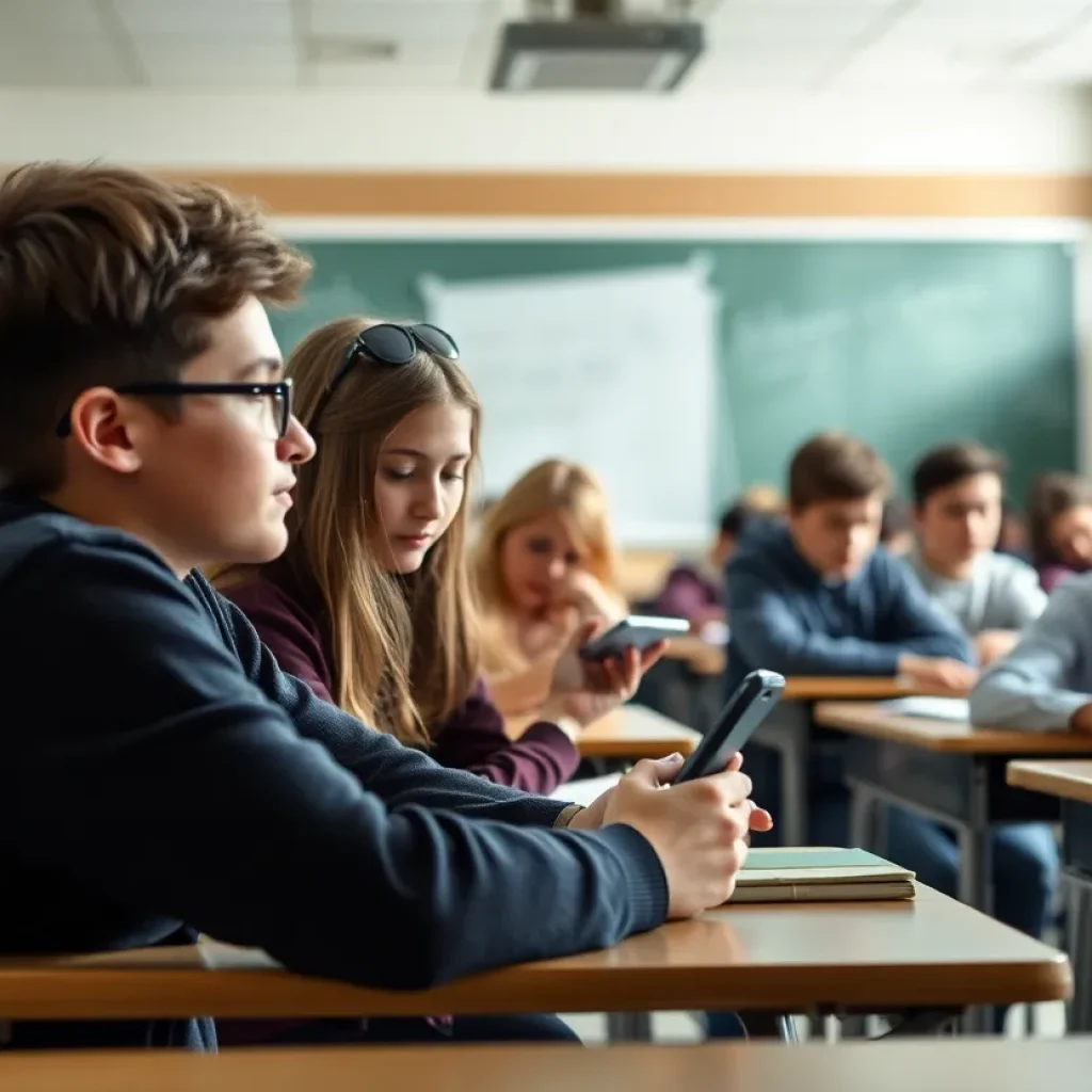 Students in a classroom engaging in learning activities without smartphones.