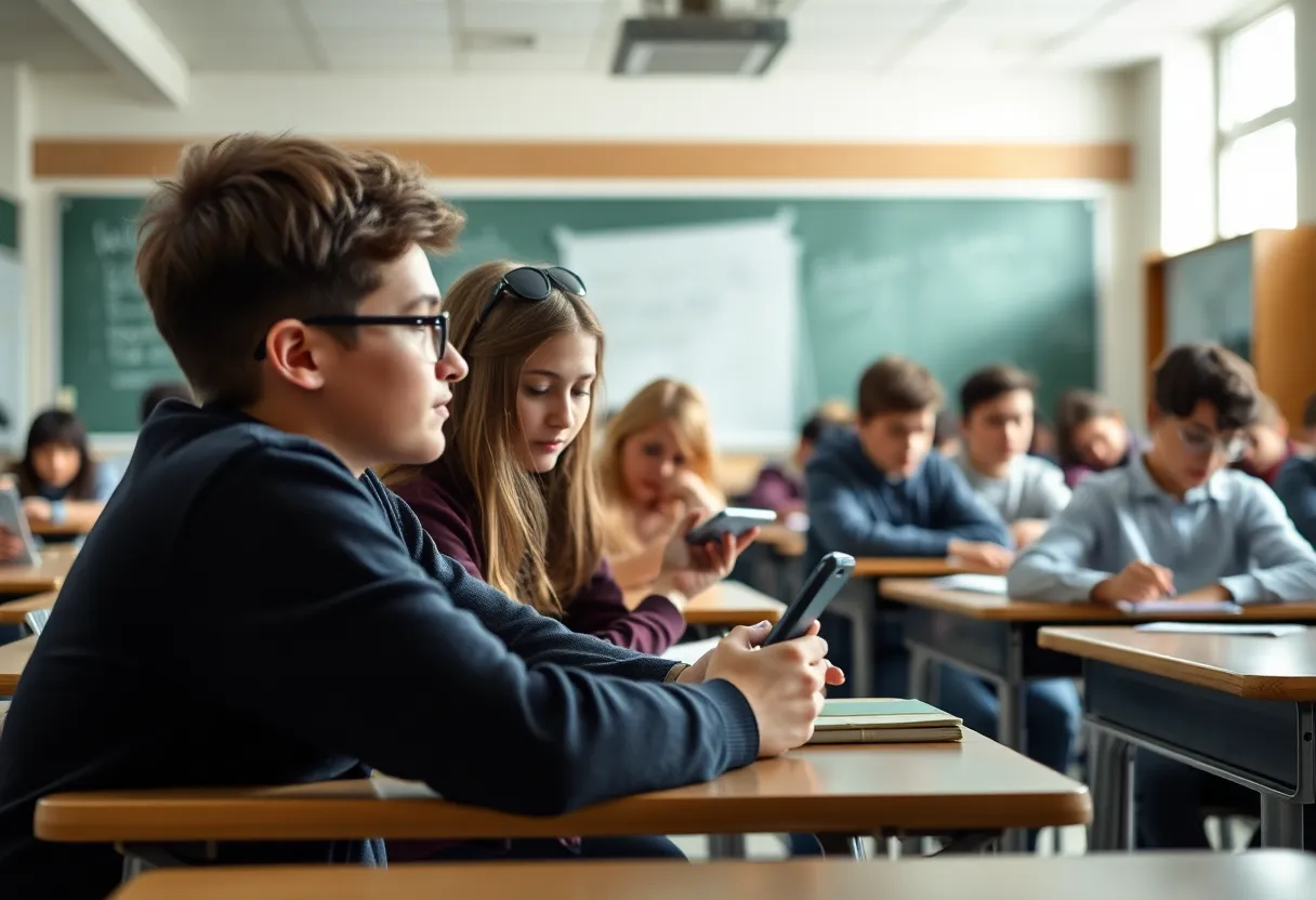 Students in a classroom engaging in learning activities without smartphones.