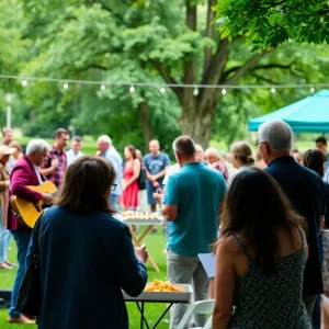 Outdoor fundraiser event for adult education with live music and dining.