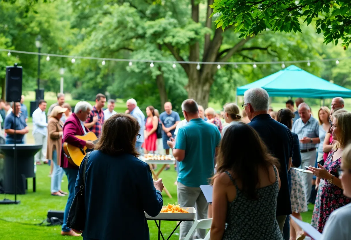 Outdoor fundraiser event for adult education with live music and dining.