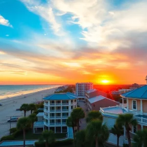 Sunset view of Pass Christian beaches with historic cottages