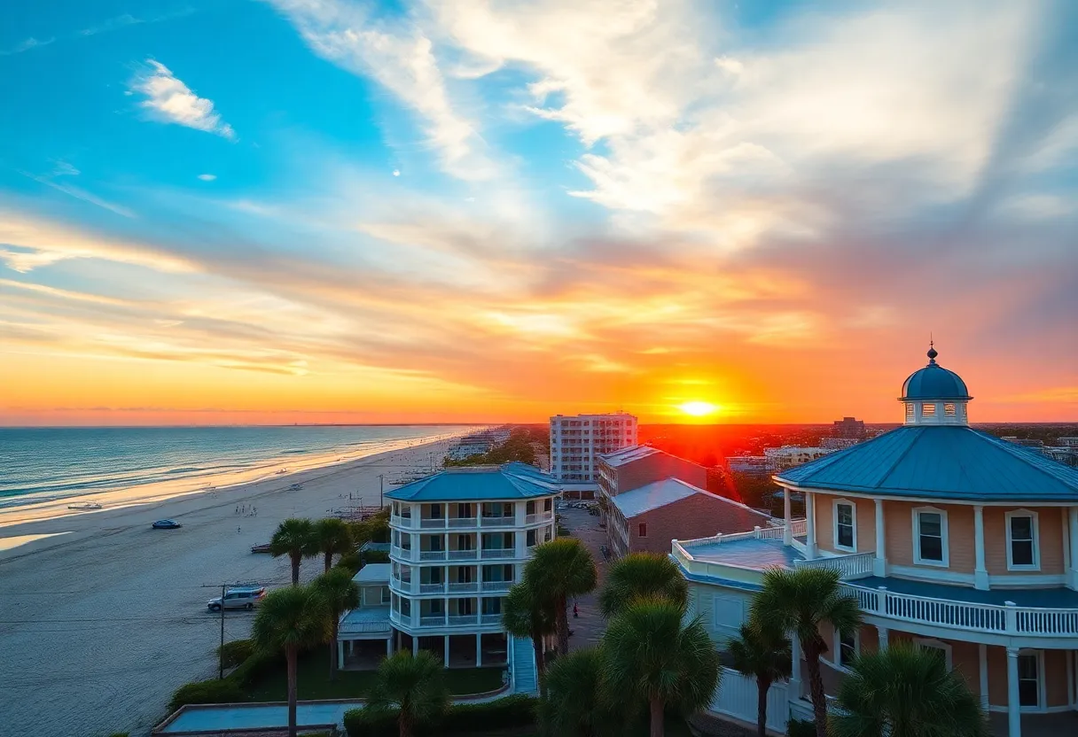 Sunset view of Pass Christian beaches with historic cottages