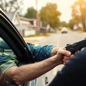 Police officer inspecting a vehicle during a traffic stop with a handgun in view