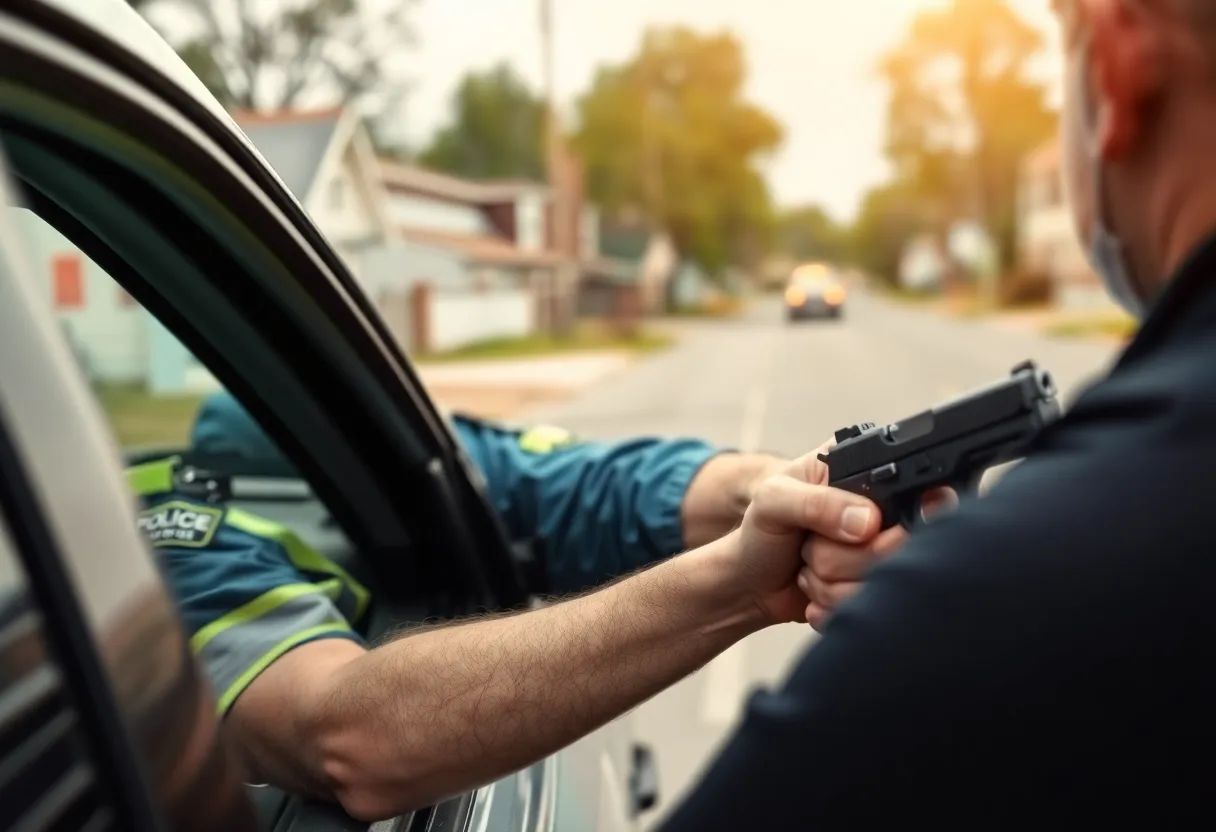 Police officer inspecting a vehicle during a traffic stop with a handgun in view