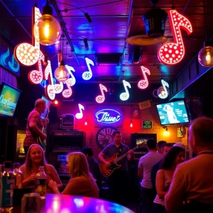 Interior view of Red's Lounge with illuminated music notes.