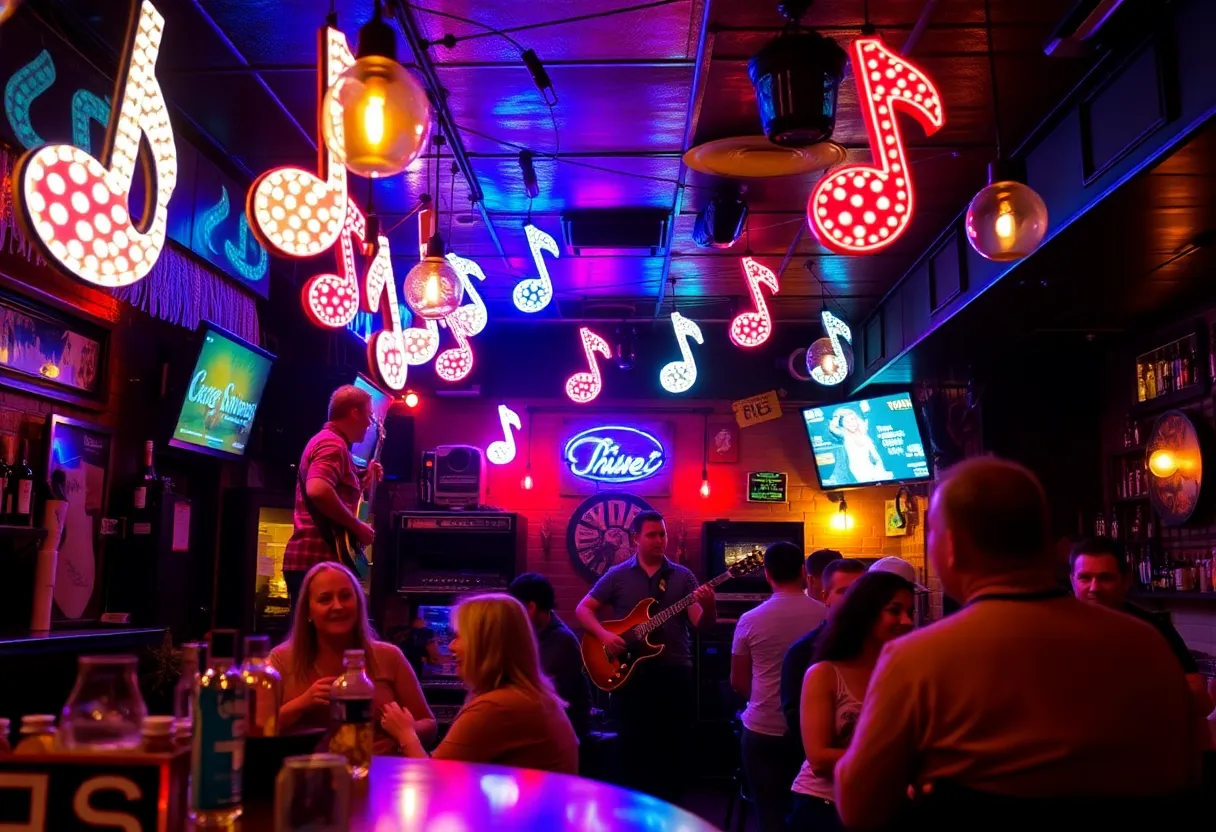 Interior view of Red's Lounge with illuminated music notes.