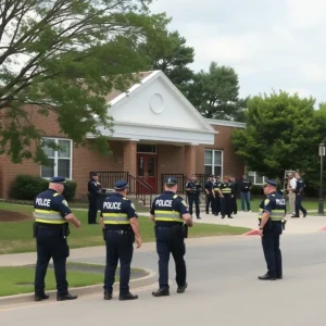 Police officers securing a school during a lockdown