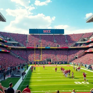 Fans enjoying the SEC football season opening in a packed stadium.