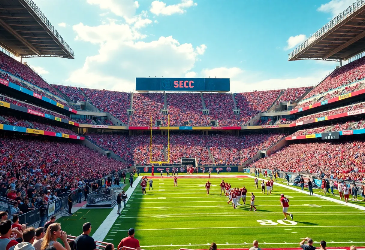 Fans enjoying the SEC football season opening in a packed stadium.