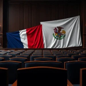 Legislative chamber with empty chairs representing Texas Democrats' absence.