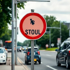 Traffic sign warning about no parking in a crowded street area near a school