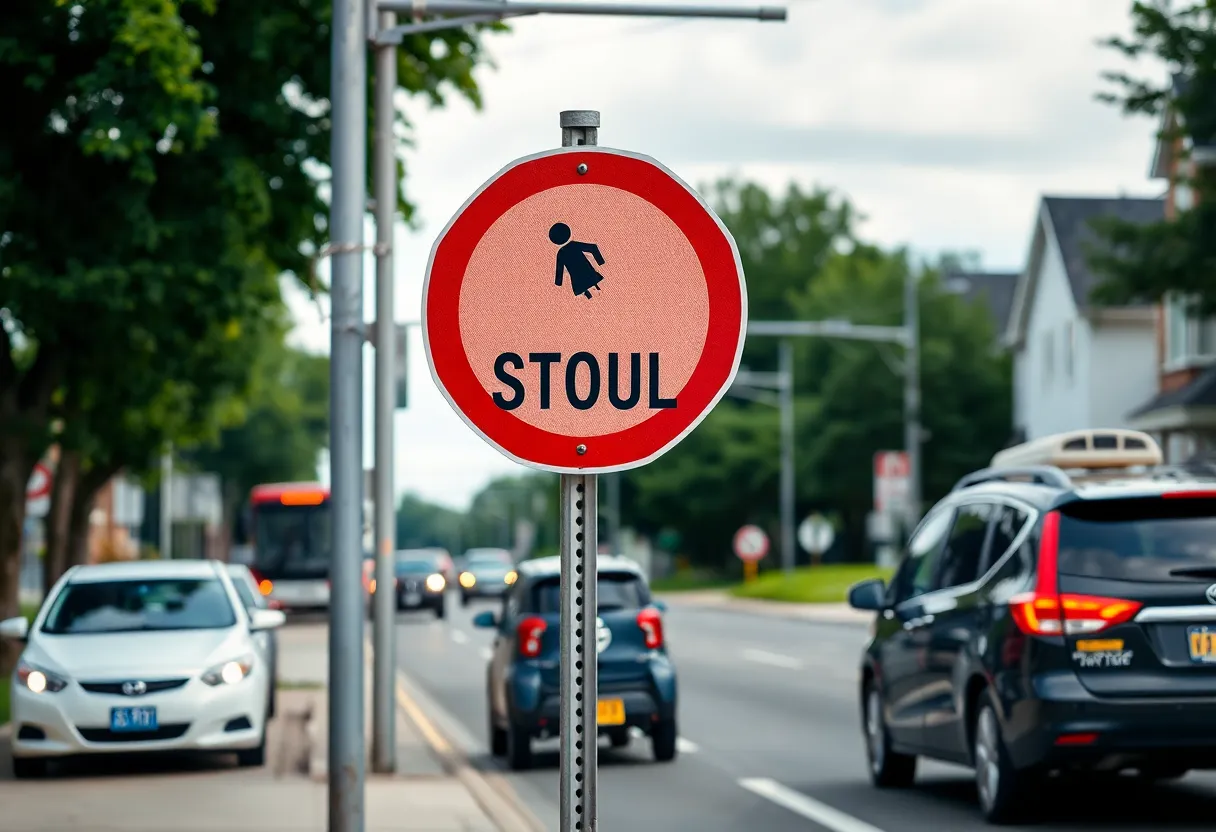 Traffic sign warning about no parking in a crowded street area near a school