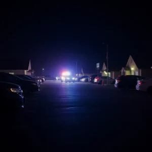 A night scene of a parking lot with police lights, symbolizing a tragic accident.