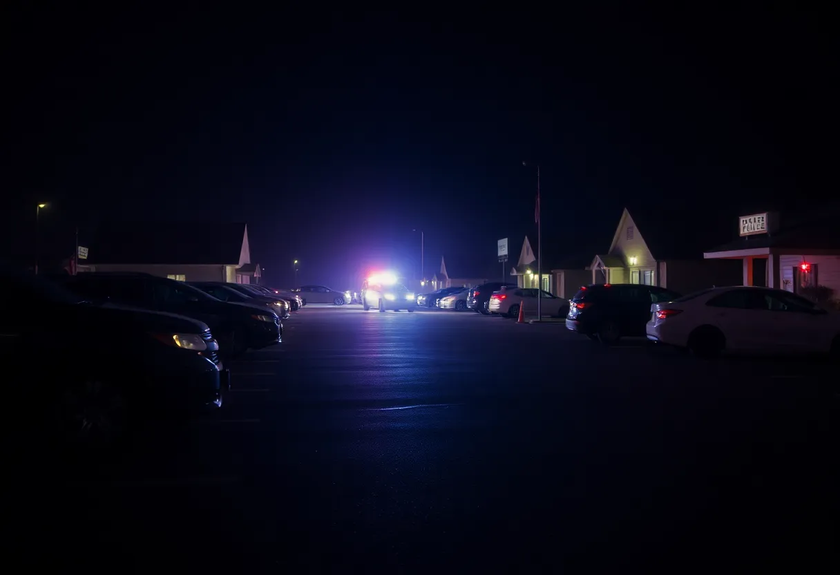 A night scene of a parking lot with police lights, symbolizing a tragic accident.