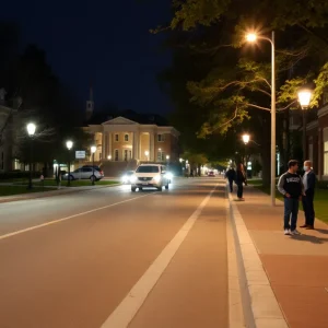 Scene depicting a quiet university campus focused on safety awareness