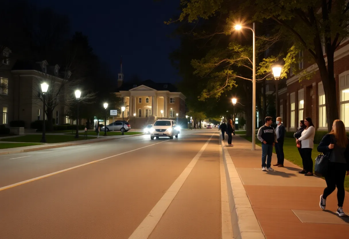 Scene depicting a quiet university campus focused on safety awareness