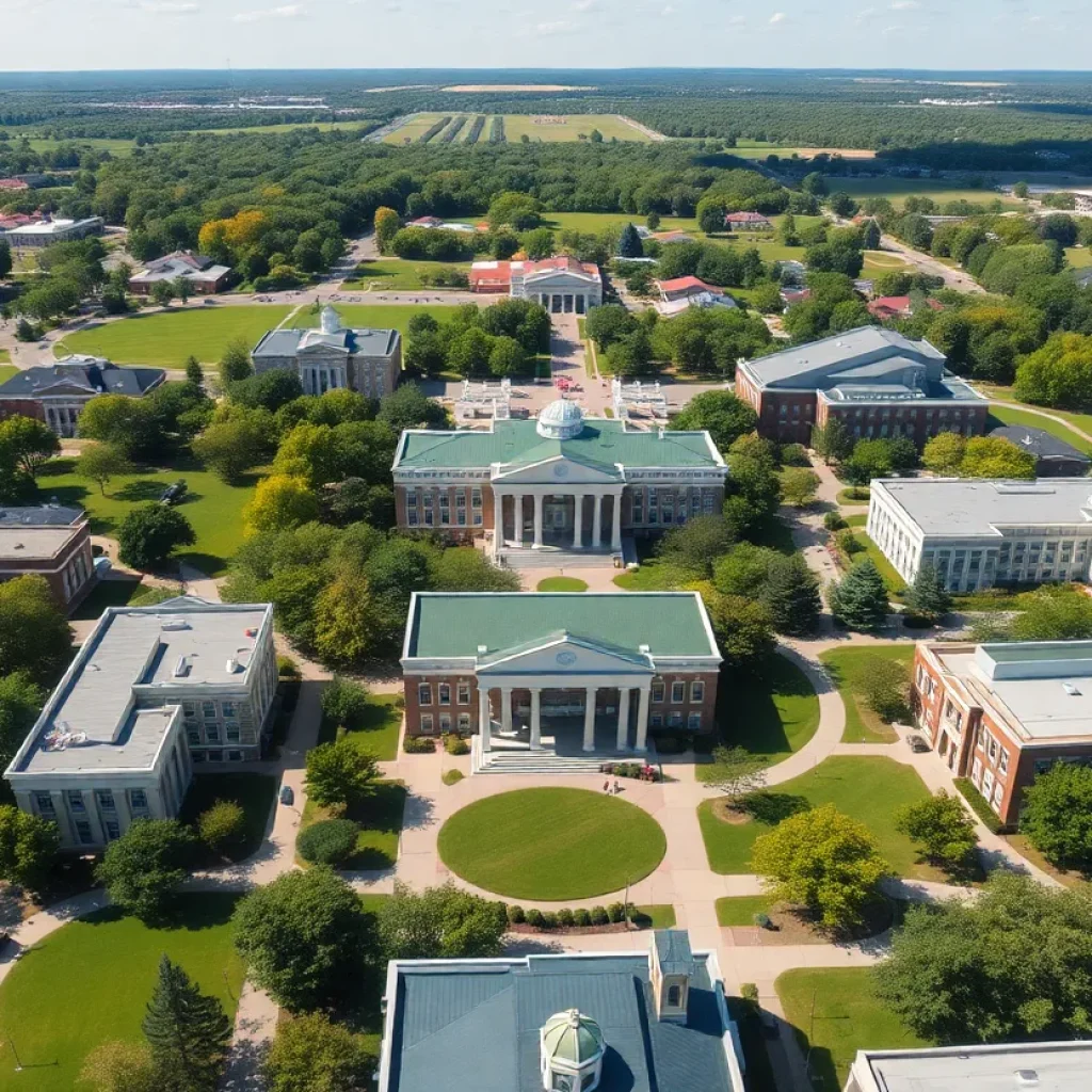 Aerial view of the University of Mississippi campus with lush greenery and modern architecture.