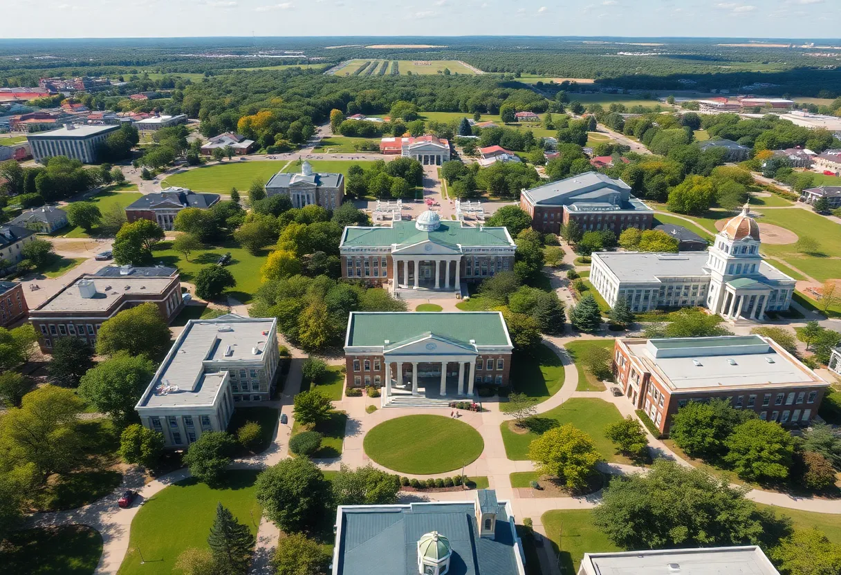 Aerial view of the University of Mississippi campus with lush greenery and modern architecture.