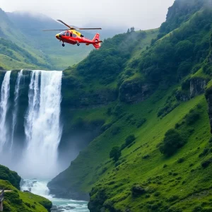 Helicopter hovering above a waterfall during a rescue operation