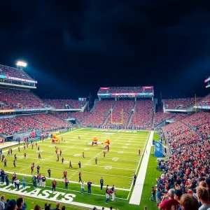 A lively college football game between Arizona State and Mississippi State in a packed stadium
