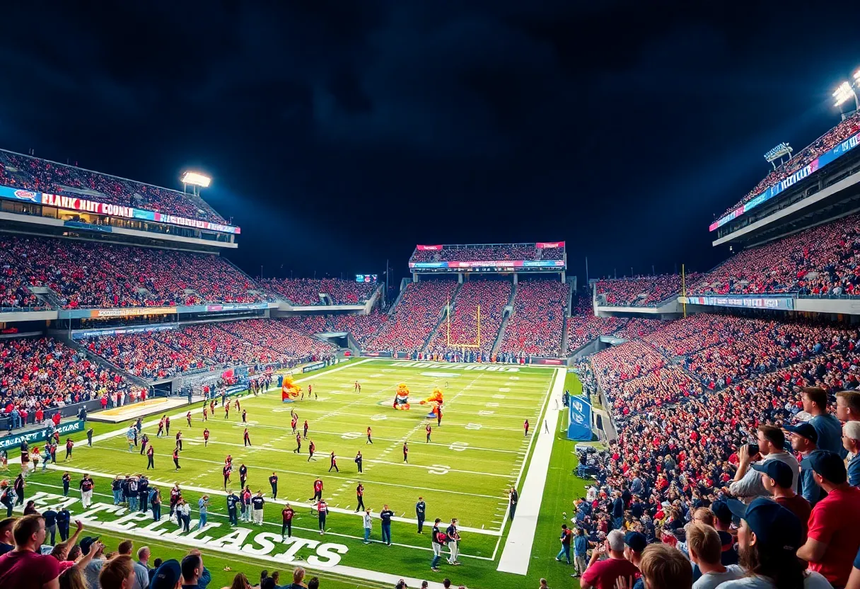 A lively college football game between Arizona State and Mississippi State in a packed stadium