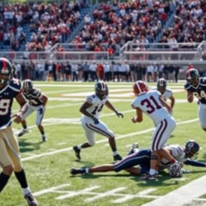 Arkansas Razorbacks and Ole Miss players in action during a football game