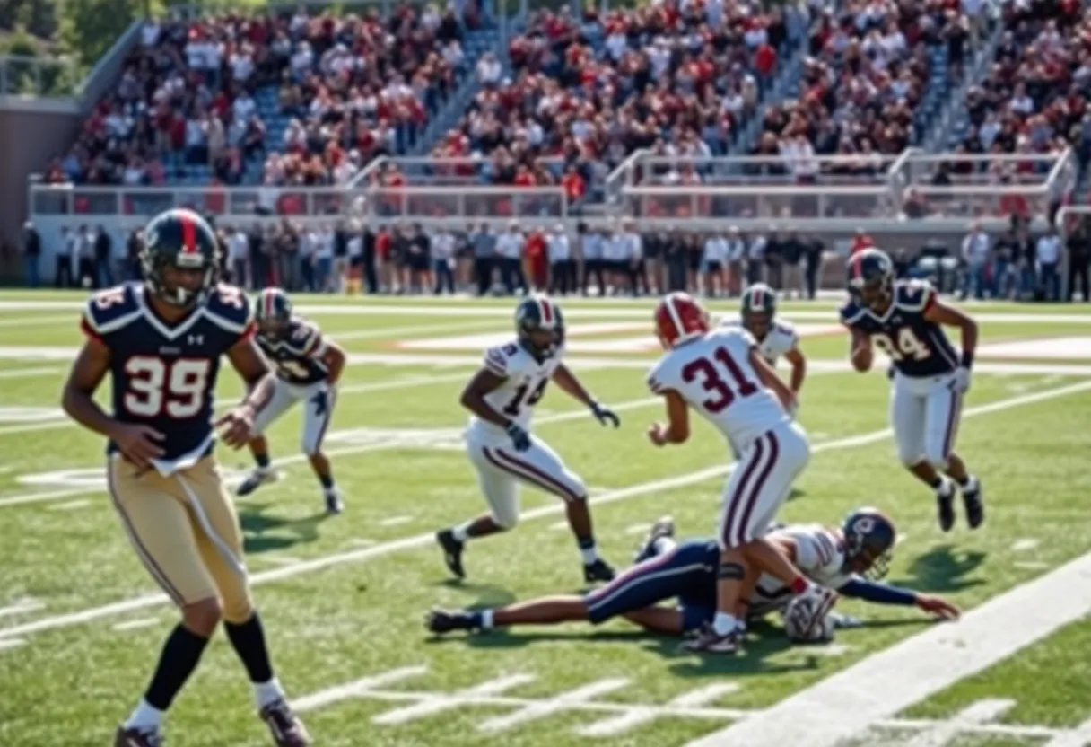 Arkansas Razorbacks and Ole Miss players in action during a football game