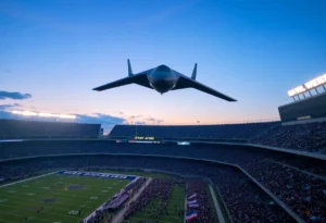 B-2 Spirit stealth bomber flying over a football stadium