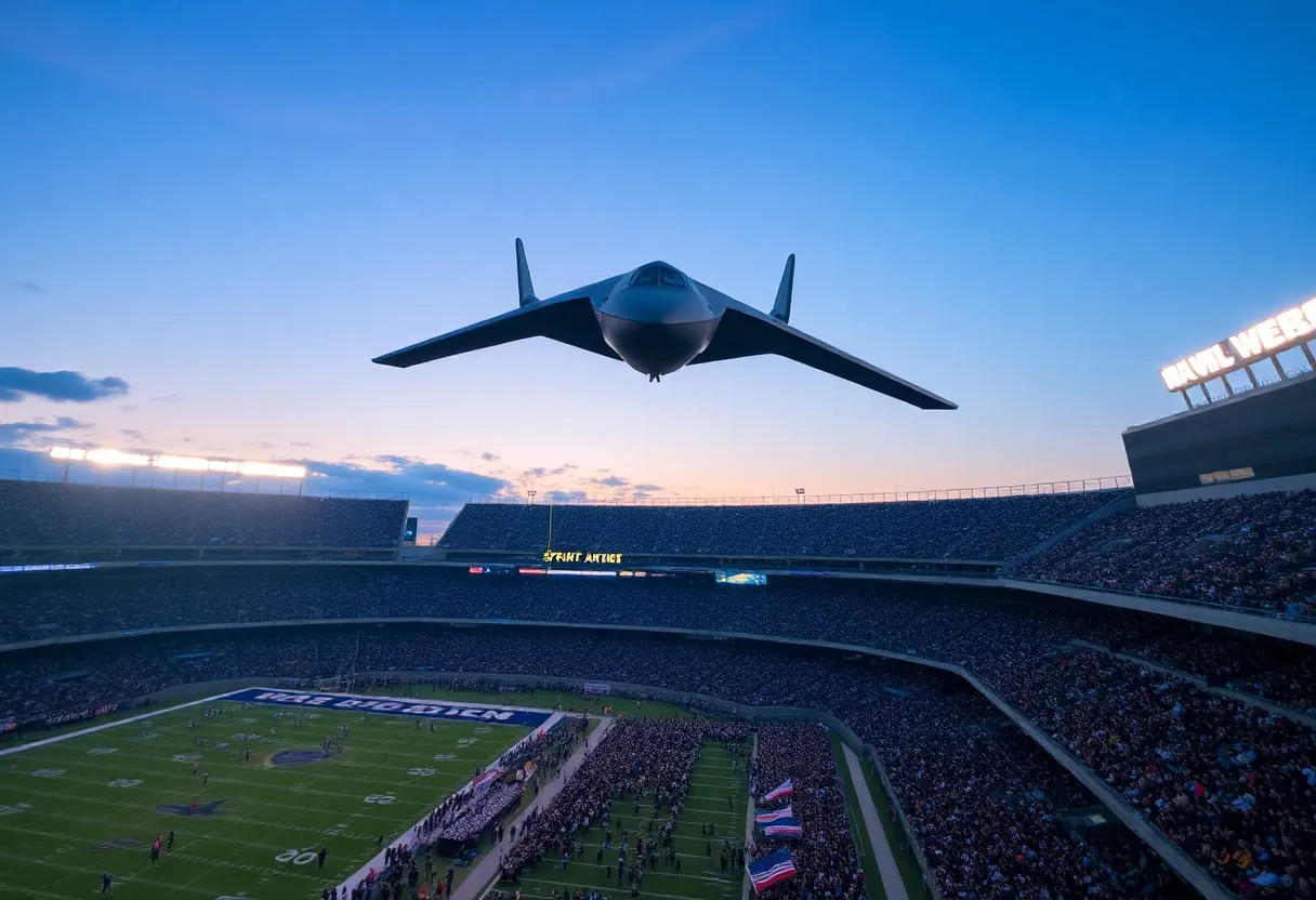 B-2 Spirit stealth bomber flying over a football stadium