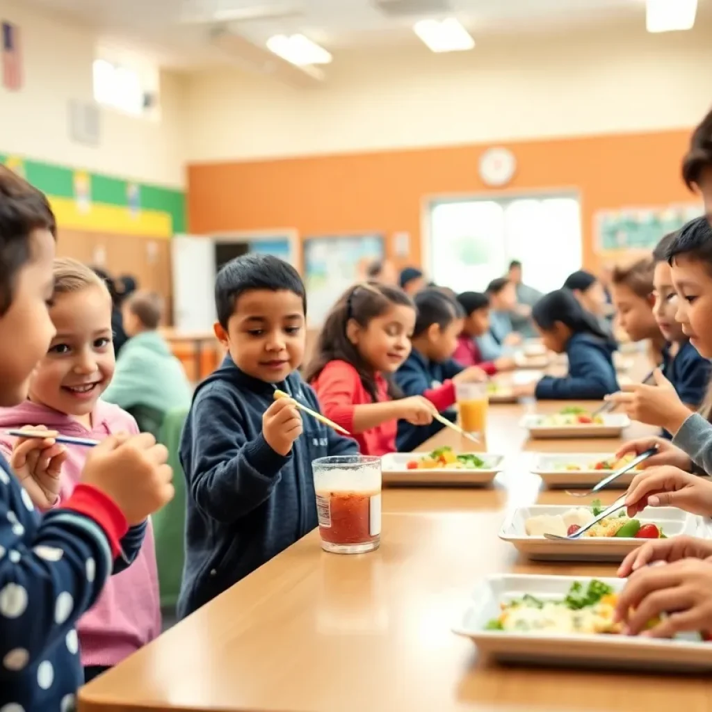 Children eating breakfast in a school cafeteria