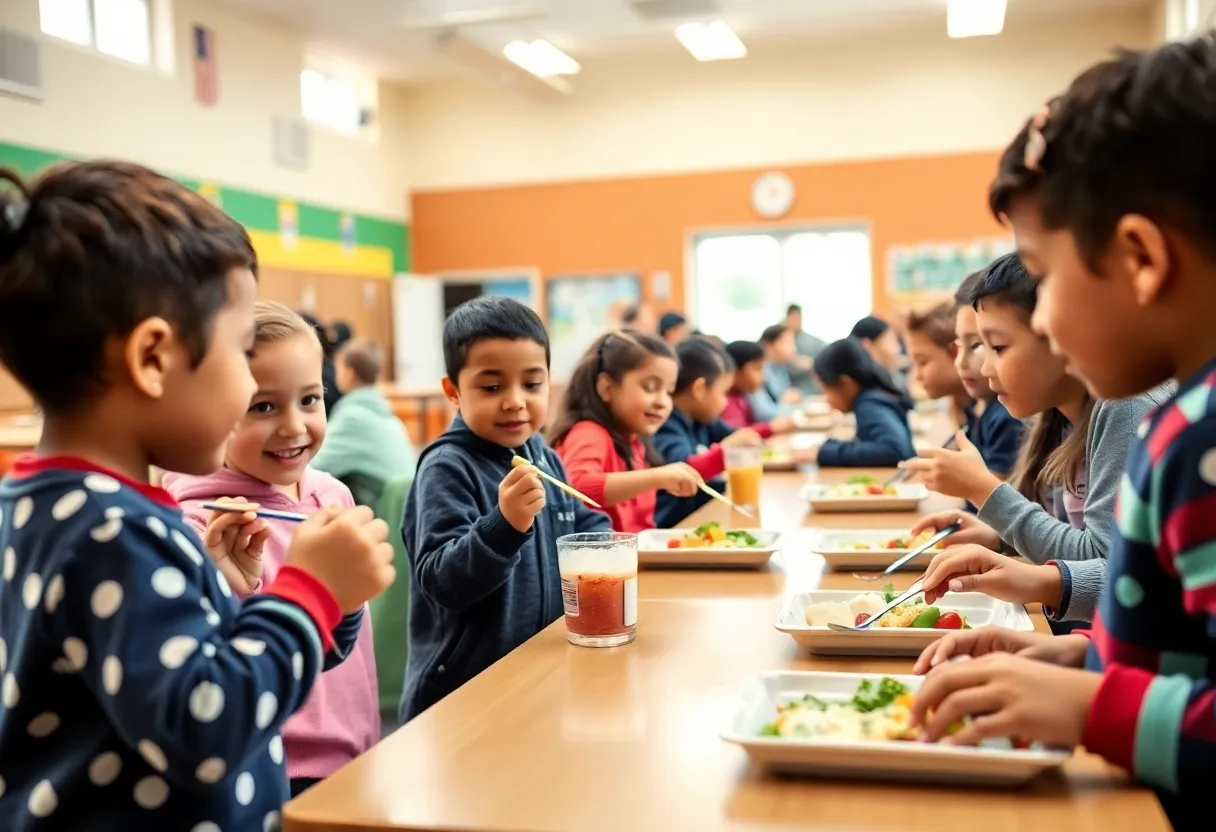 Children eating breakfast in a school cafeteria