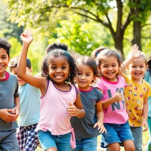 Children playing outside, promoting healthy lifestyles.