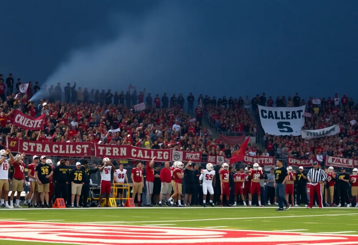 Exciting college football atmosphere during rivalry match