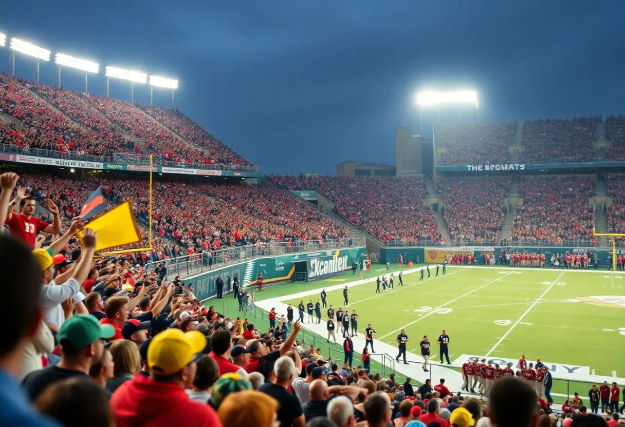 Fans cheering at a college football game