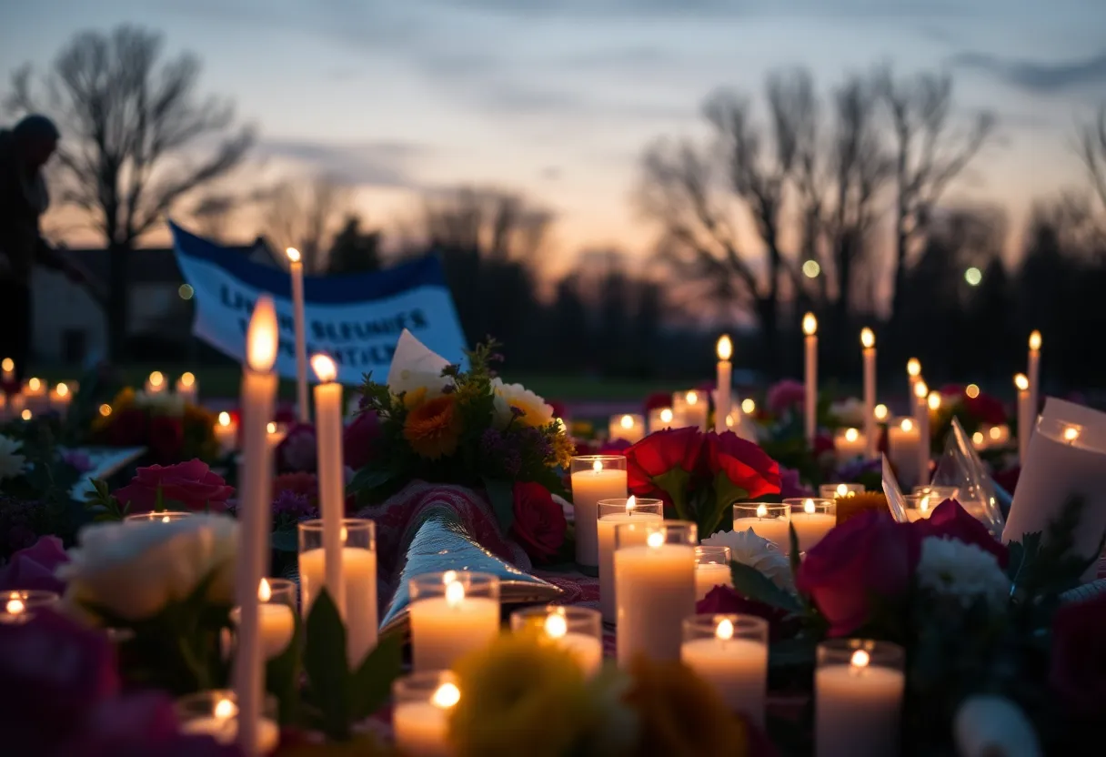 Memorial vigil for a tragic loss with candles and flowers.