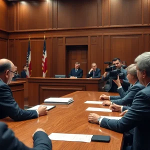 Dramatic courtroom view highlighting a serious trial environment