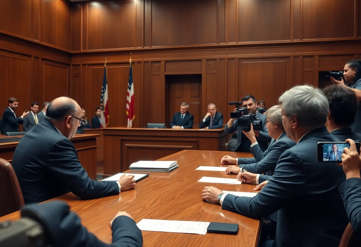 Dramatic courtroom view highlighting a serious trial environment