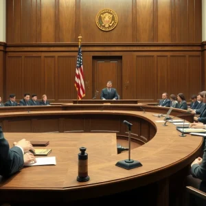 A courtroom during a criminal trial