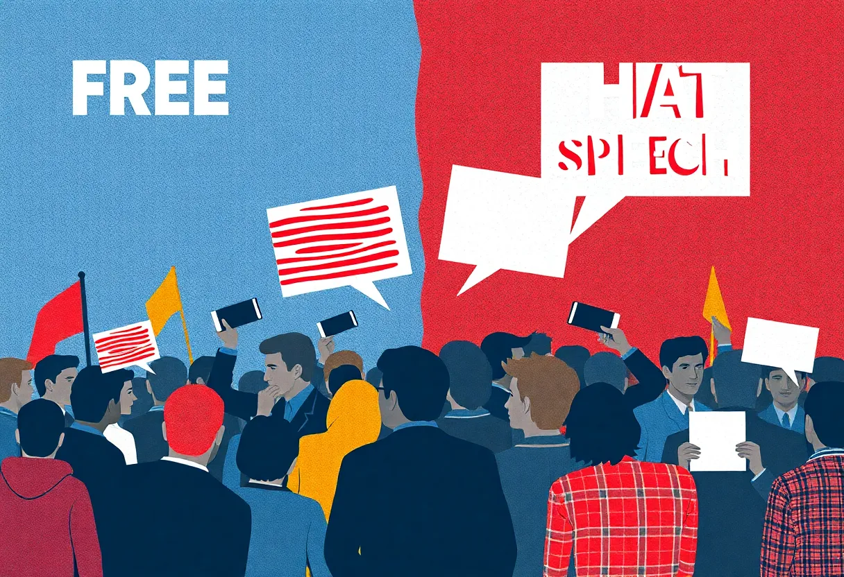 Abstract art symbolizing the divided opinions on free speech and hate speech reactions