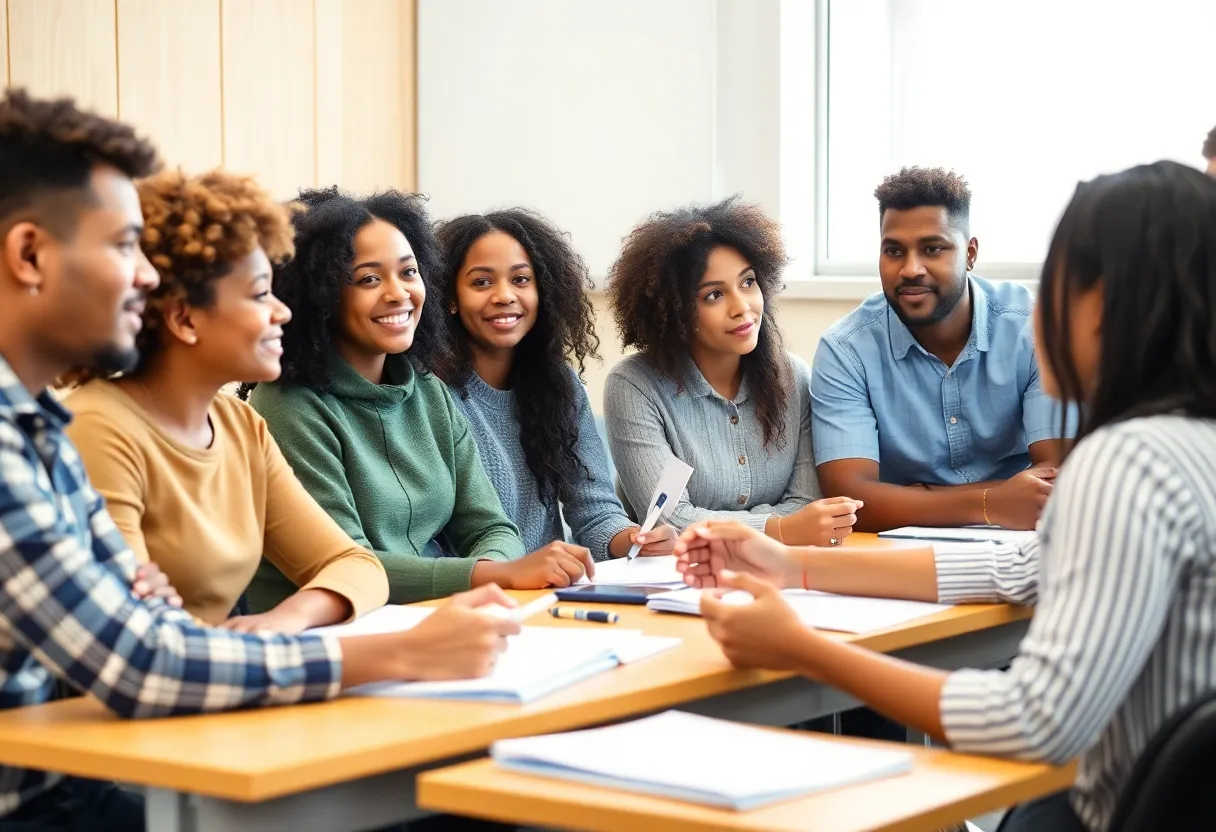 Students of various backgrounds participating in classroom discussion.