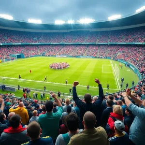 Excited fans at a football stadium during a game.