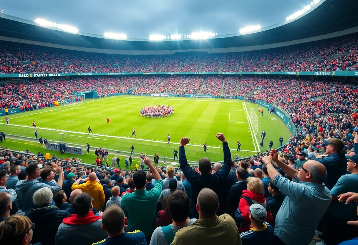 Excited fans at a football stadium during a game.