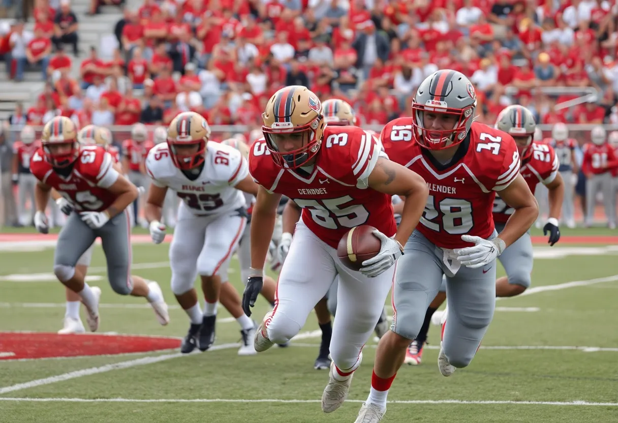 College football players in action during a game