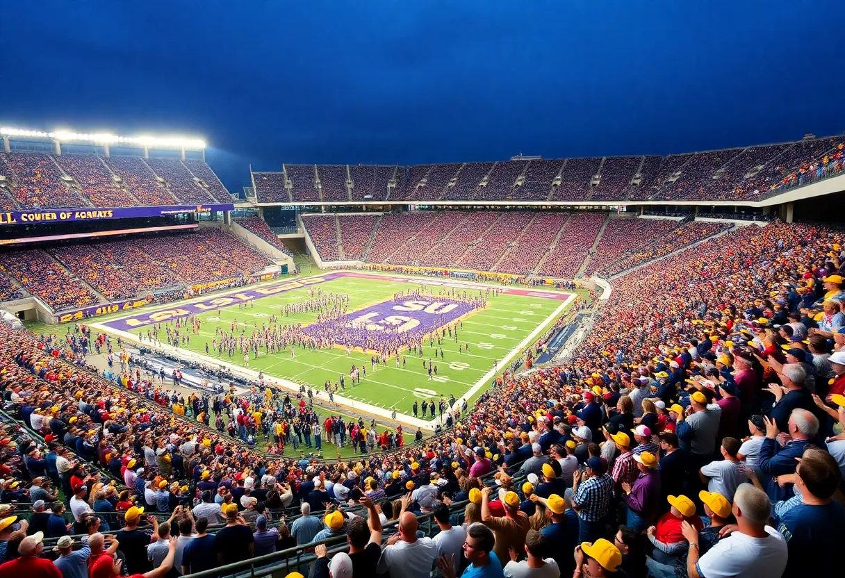 LSU vs. Ole Miss football game atmosphere with fans cheering.