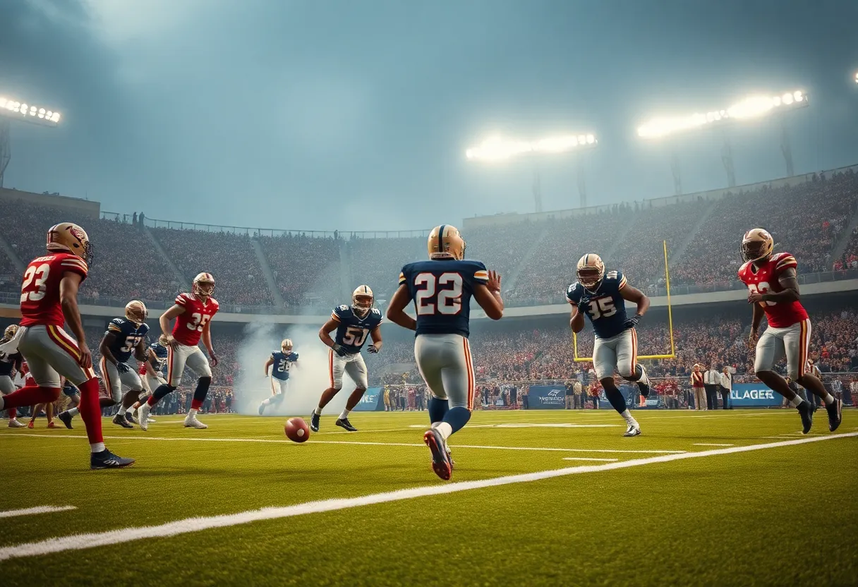 Football field showcasing LSU and Ole Miss in a competitive atmosphere.