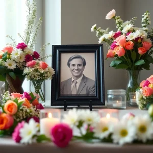 Memorial setting with flowers and a photo honoring Sharon Hendrix