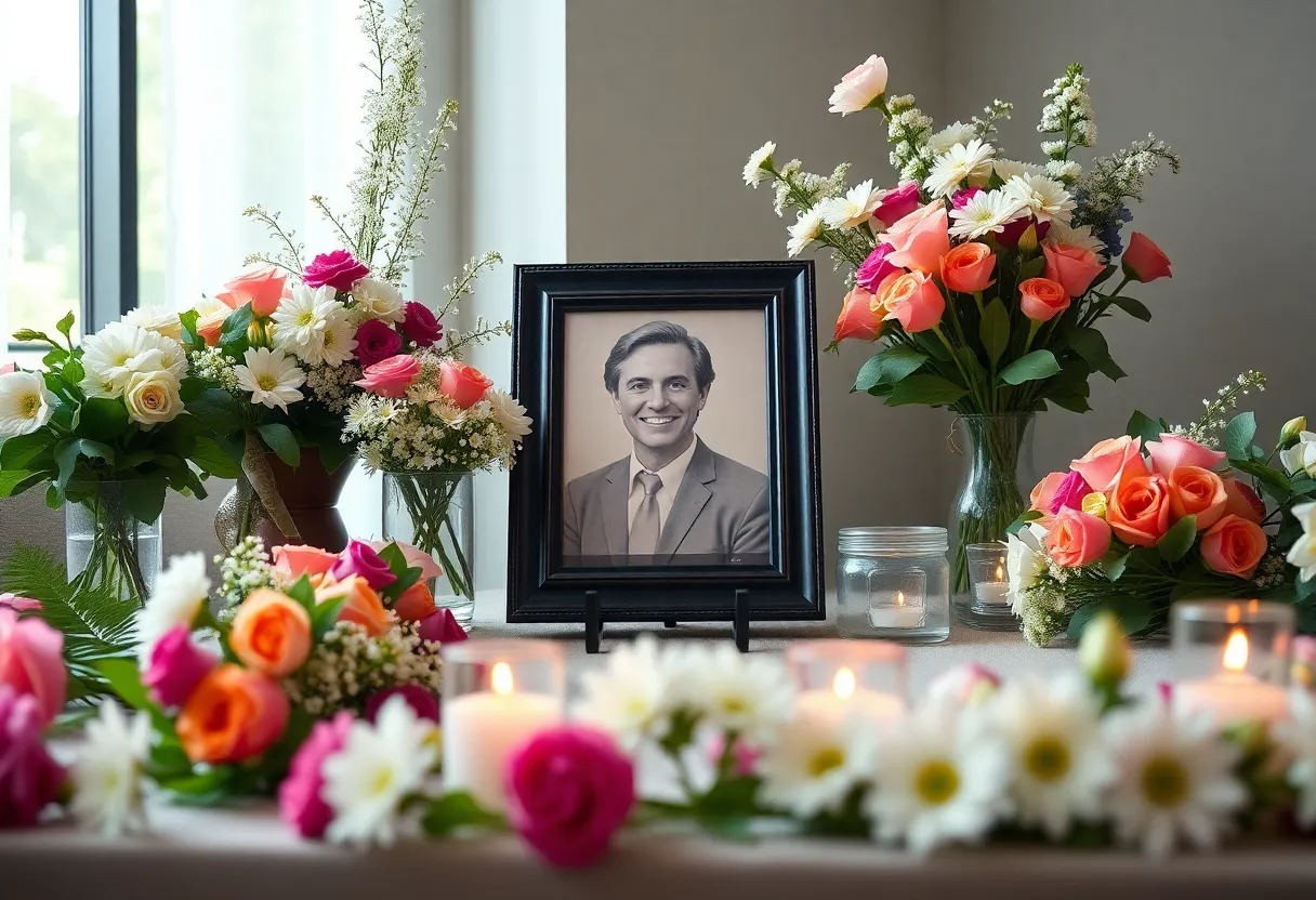 Memorial setting with flowers and a photo honoring Sharon Hendrix