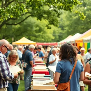 A lively book festival in Mississippi with authors and attendees.