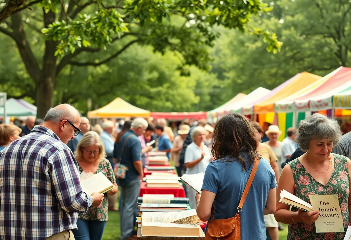 A lively book festival in Mississippi with authors and attendees.