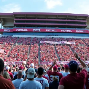 Fans cheering for Mississippi State football team in the stadium